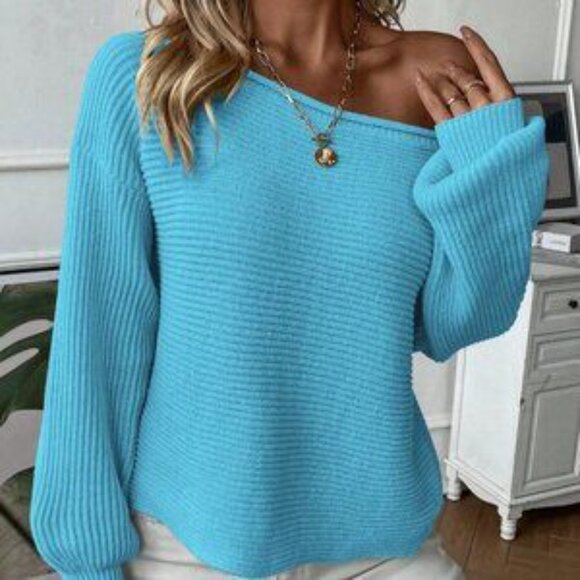 Blue Casual Women's Solid Drop Shoulder Asymmetrical Neck Sweater - Picture 4 of 6
